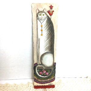 Vintage E. Smithson 3D Plaque Panel Whimsical Folk Art grey tabby
